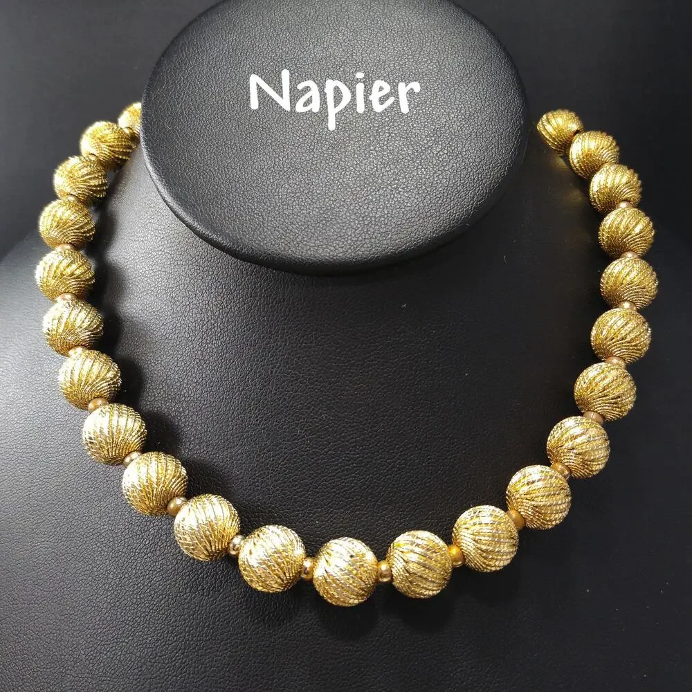Vintage Napier Gold Textured Bead Necklace 1950s Signed 17” - Picture 4 of 10